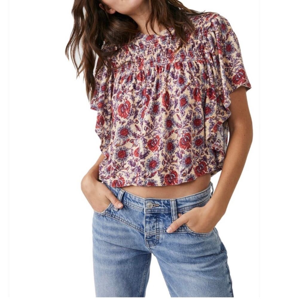 Free People Boho Floral Print Multicolor Flowy Ruffles Sleeve Top Sz X-L